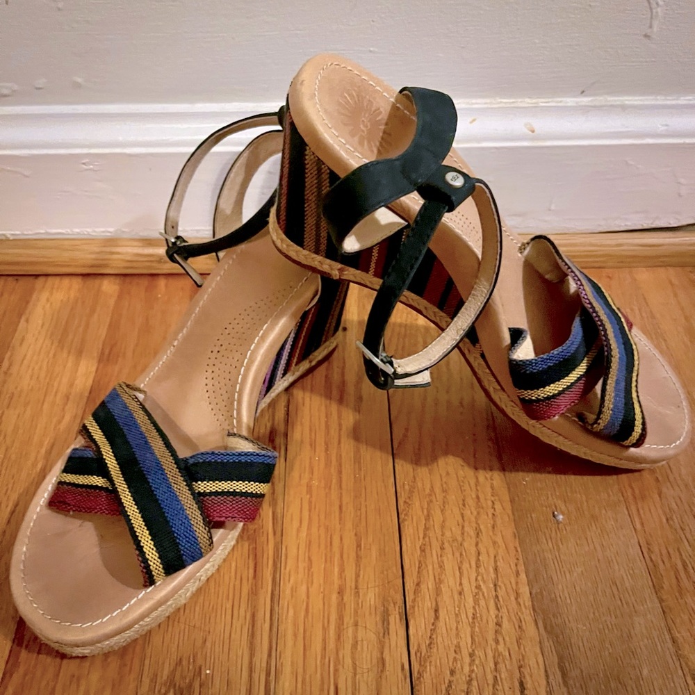 Ugg ankle strap canvas wedge sandles, size 9